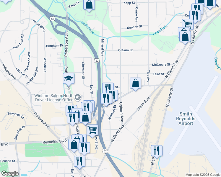 map of restaurants, bars, coffee shops, grocery stores, and more near 508 Peden Street in Winston-Salem
