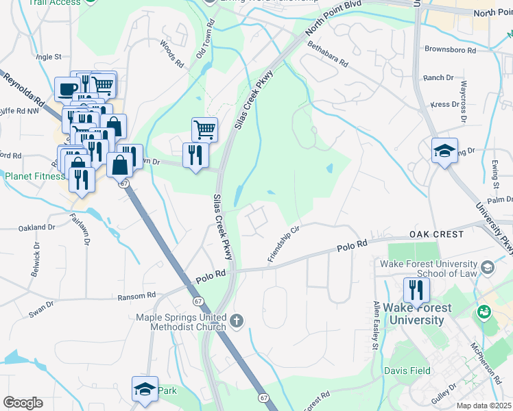 map of restaurants, bars, coffee shops, grocery stores, and more near 800 Crowne Forest Court in Winston-Salem