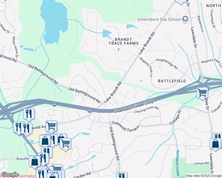 map of restaurants, bars, coffee shops, grocery stores, and more near 2416 Lake Brandt Place in Greensboro