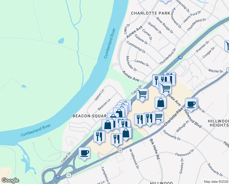 map of restaurants, bars, coffee shops, grocery stores, and more near 6521 Upton Lane in Nashville