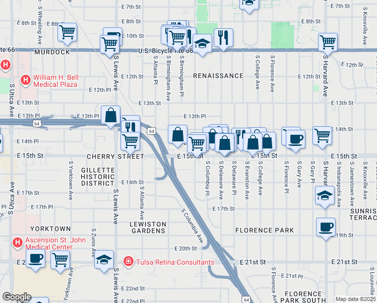 map of restaurants, bars, coffee shops, grocery stores, and more near 2639 East 15th Street in Tulsa