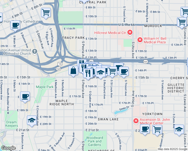 map of restaurants, bars, coffee shops, grocery stores, and more near 1441 South Quaker Avenue in Tulsa
