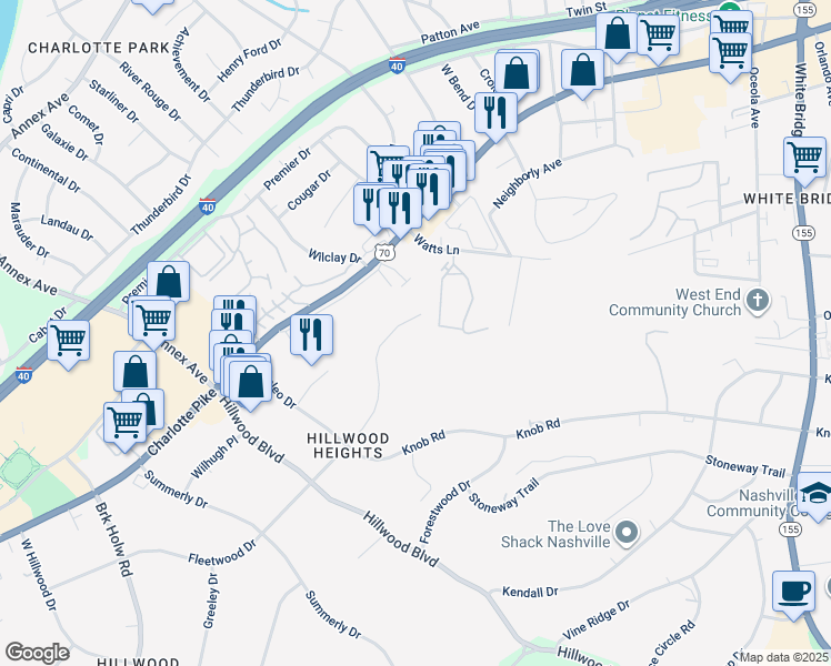 map of restaurants, bars, coffee shops, grocery stores, and more near 6435 Fleetwood Drive in Nashville