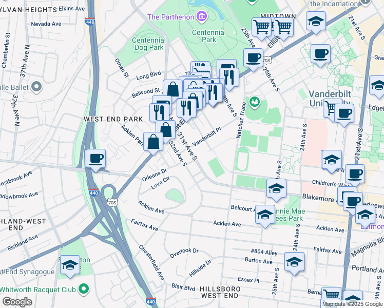 map of restaurants, bars, coffee shops, grocery stores, and more near 3015 Vanderbilt Place in Nashville