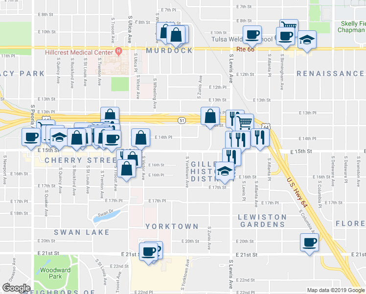 map of restaurants, bars, coffee shops, grocery stores, and more near 2003 E 15th St in Tulsa