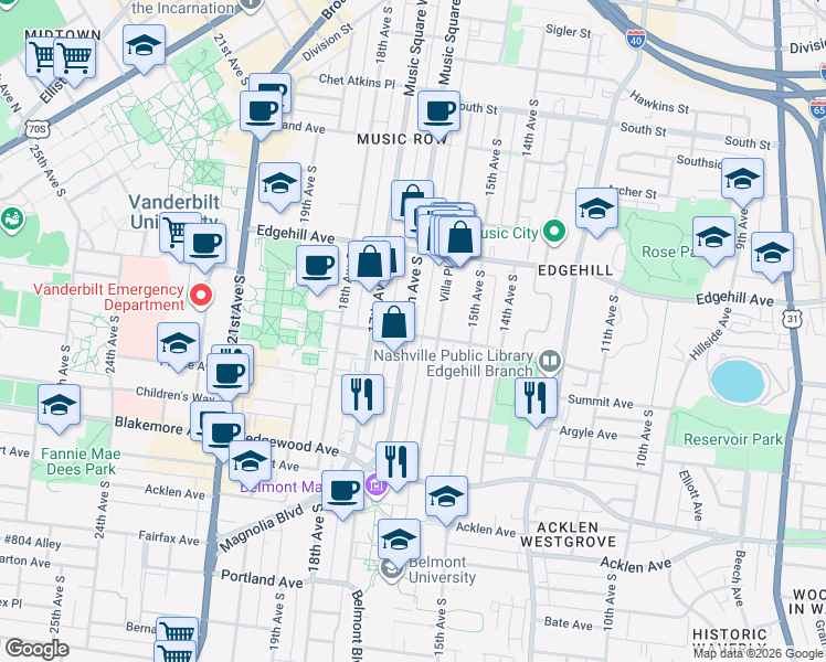 map of restaurants, bars, coffee shops, grocery stores, and more near 1520 DeFord Bailey Avenue in Nashville