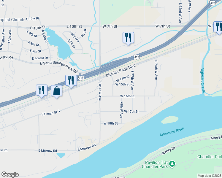 map of restaurants, bars, coffee shops, grocery stores, and more near 1512 South 79th West Avenue in Tulsa