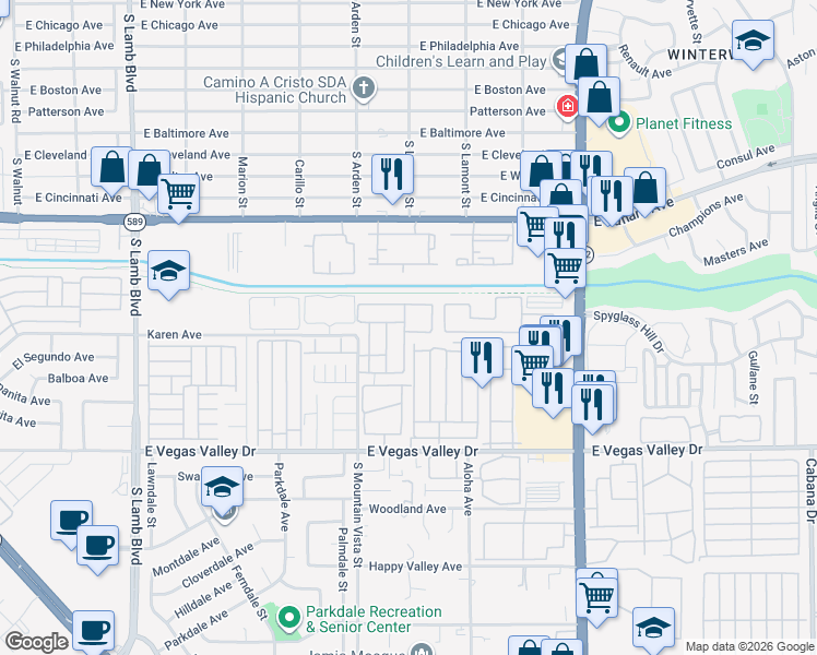 map of restaurants, bars, coffee shops, grocery stores, and more near 2686 Aarondavid Drive in Las Vegas