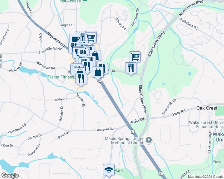 map of restaurants, bars, coffee shops, grocery stores, and more near 2711 Reynolda Road in Winston-Salem