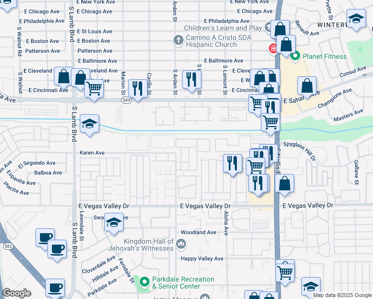 map of restaurants, bars, coffee shops, grocery stores, and more near 2687 Alicialynn Way in Las Vegas