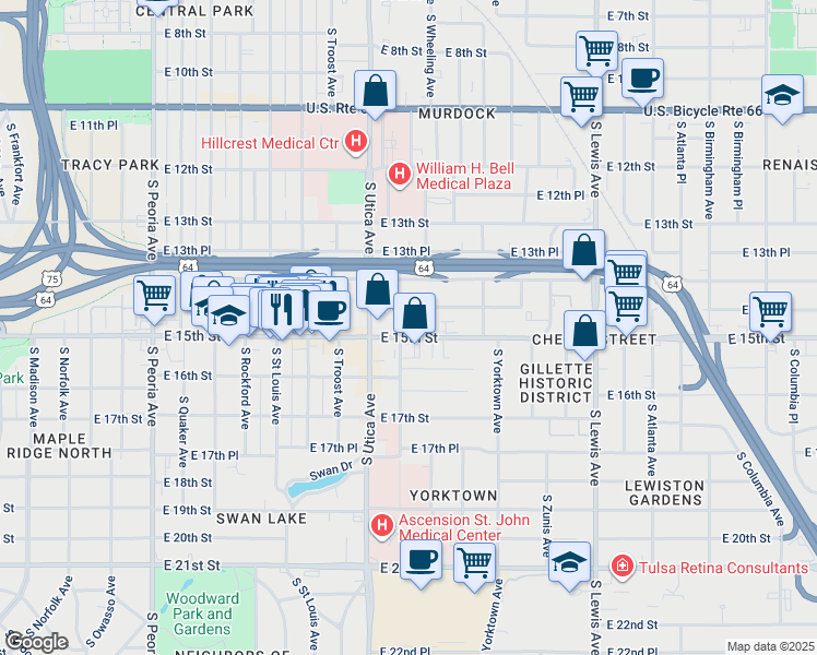 map of restaurants, bars, coffee shops, grocery stores, and more near 1809 East 15th Street in Tulsa