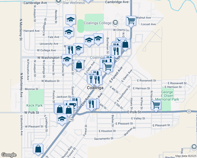 map of restaurants, bars, coffee shops, grocery stores, and more near 215 North 4th Street in Coalinga