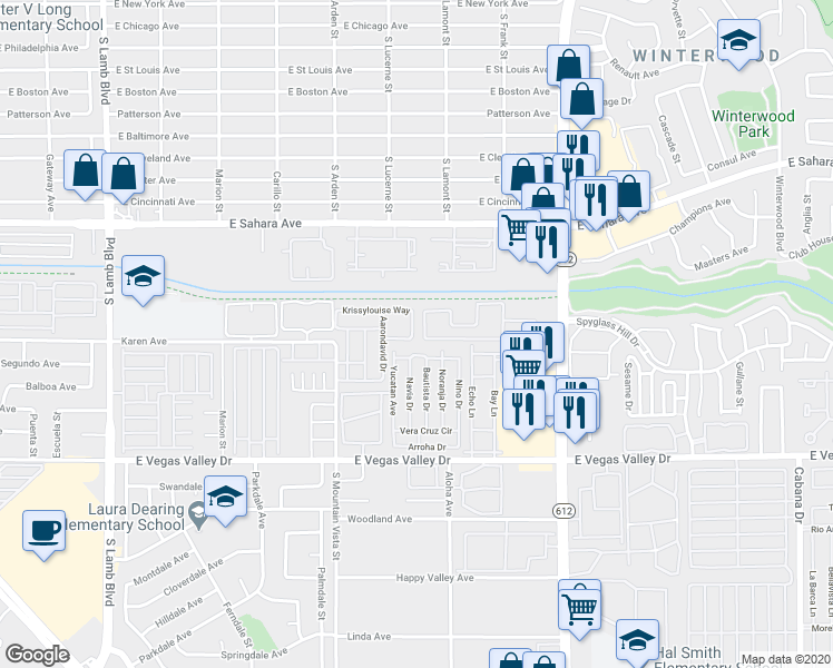 map of restaurants, bars, coffee shops, grocery stores, and more near 2684 Bryandouglas Drive in Las Vegas