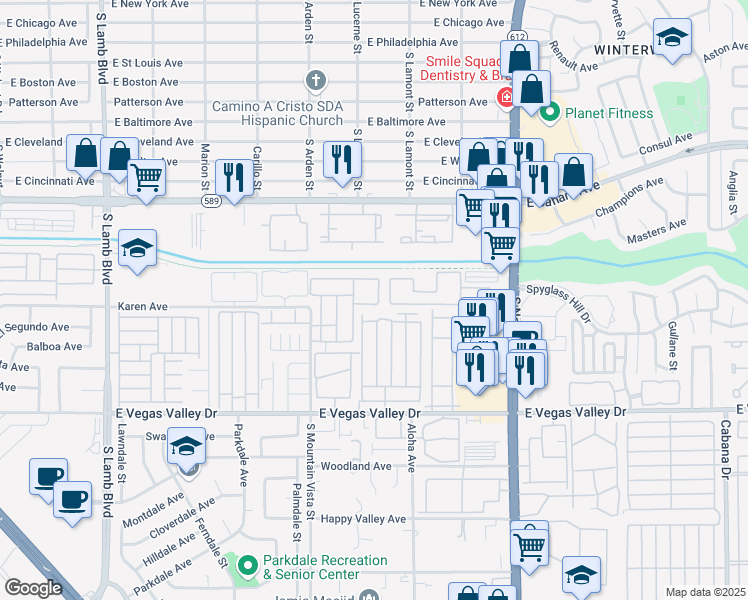 map of restaurants, bars, coffee shops, grocery stores, and more near 2684 Bryandouglas Drive in Las Vegas