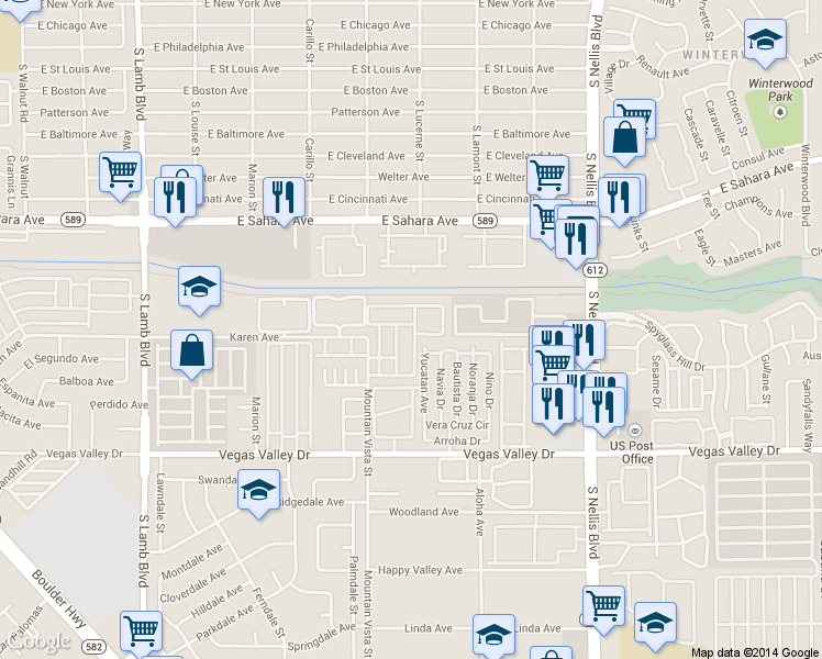 map of restaurants, bars, coffee shops, grocery stores, and more near 4670 Tracylynn Lane in Las Vegas