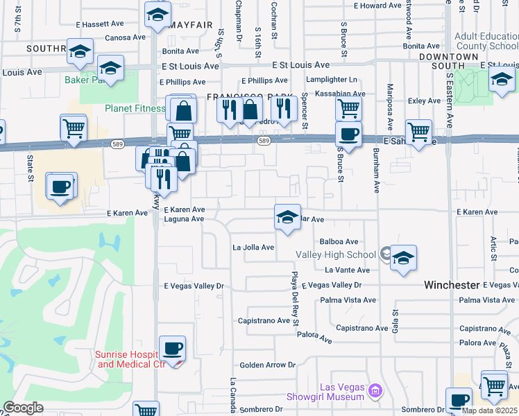 map of restaurants, bars, coffee shops, grocery stores, and more near 1582 East Del Mar Avenue in Las Vegas