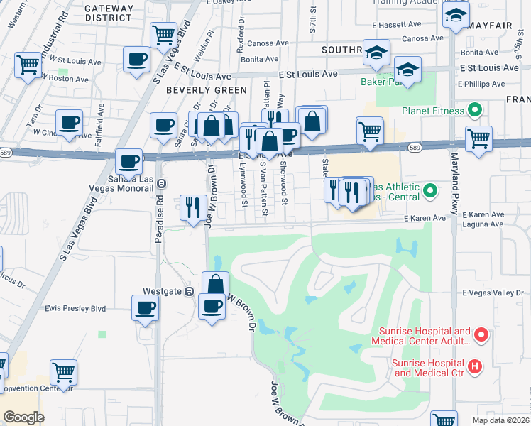map of restaurants, bars, coffee shops, grocery stores, and more near 2646 Lynnwood Street in Las Vegas