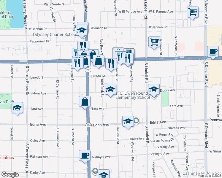map of restaurants, bars, coffee shops, grocery stores, and more near 2672 Red Rock Street in Las Vegas