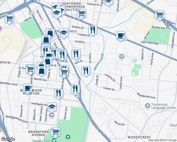 map of restaurants, bars, coffee shops, grocery stores, and more near 33 Andrew T Whitmore Street in Nashville