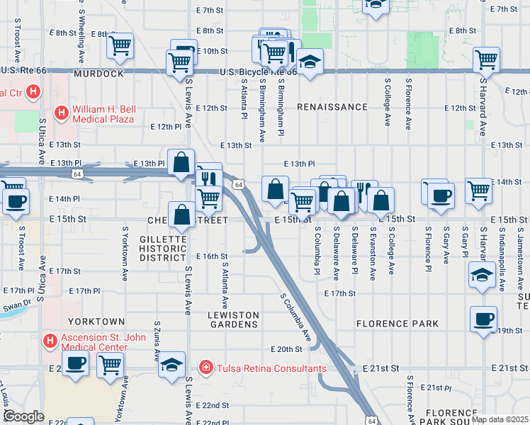 map of restaurants, bars, coffee shops, grocery stores, and more near 2605 East 15th Street in Tulsa