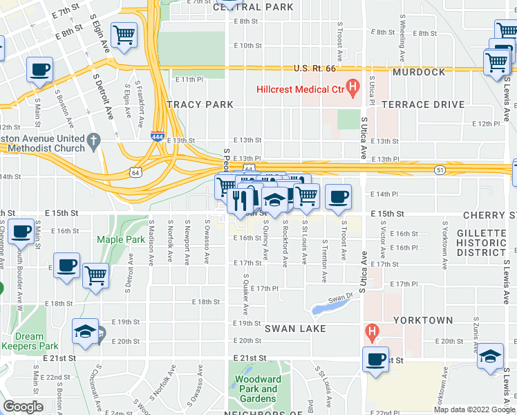 map of restaurants, bars, coffee shops, grocery stores, and more near 1345 East 15th Street in Tulsa