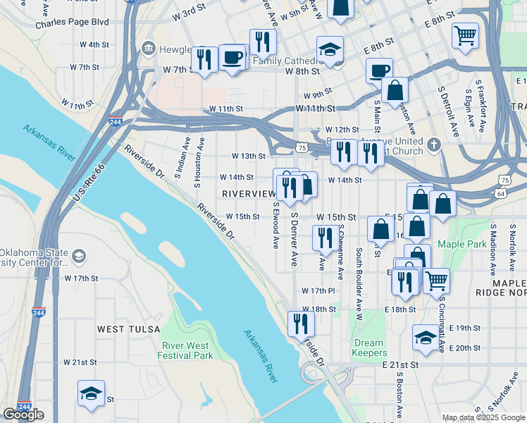 map of restaurants, bars, coffee shops, grocery stores, and more near 1440 South Elwood Avenue in Tulsa