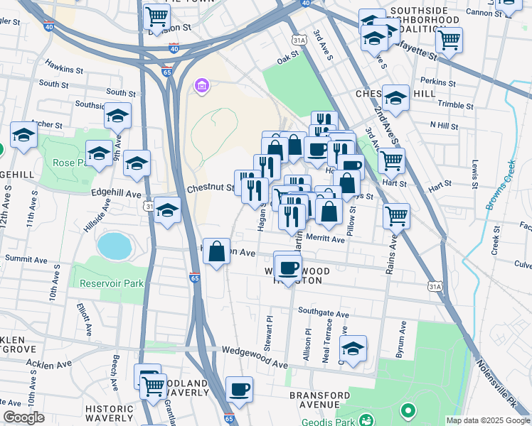 map of restaurants, bars, coffee shops, grocery stores, and more near 516 Hagan Street in Nashville