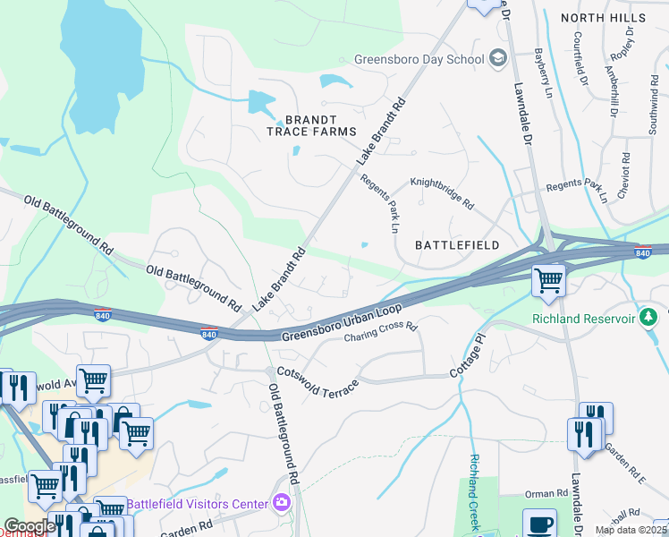 map of restaurants, bars, coffee shops, grocery stores, and more near 2302 Brandt Village Lane in Greensboro