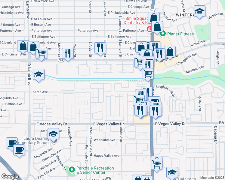 map of restaurants, bars, coffee shops, grocery stores, and more near 2684 Bryandouglas Drive in Las Vegas