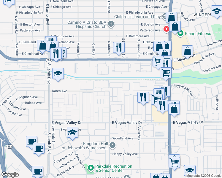 map of restaurants, bars, coffee shops, grocery stores, and more near 2685 Jennydiane Drive in Las Vegas