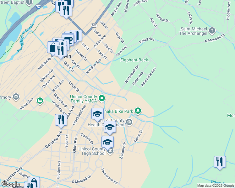 map of restaurants, bars, coffee shops, grocery stores, and more near East Erwin Road in Erwin