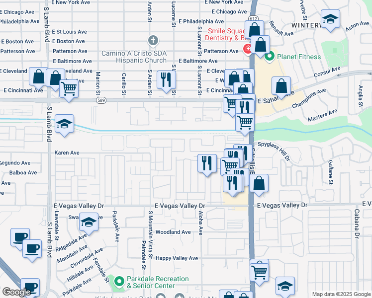 map of restaurants, bars, coffee shops, grocery stores, and more near 2684 Bryandouglas Drive in Las Vegas