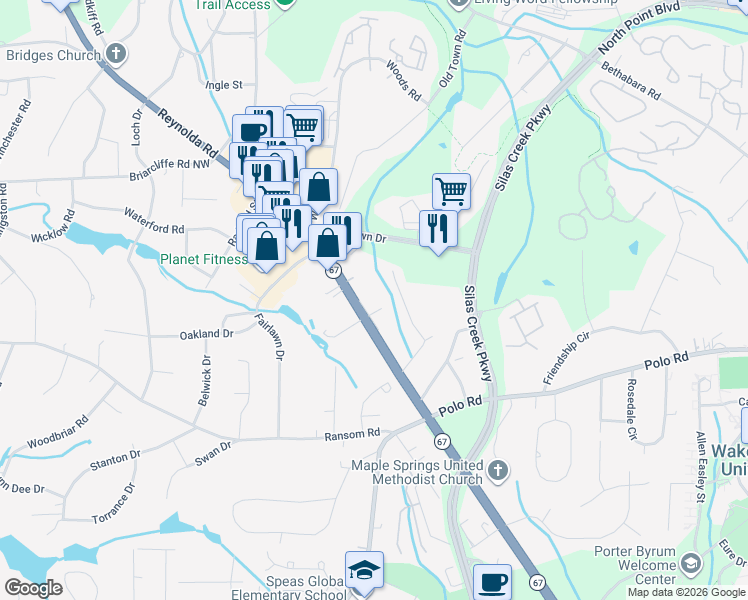 map of restaurants, bars, coffee shops, grocery stores, and more near 2715 Reynolda Road in Winston-Salem