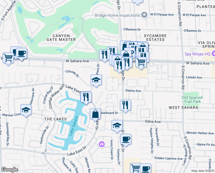 map of restaurants, bars, coffee shops, grocery stores, and more near 2627 South Durango Drive in Las Vegas