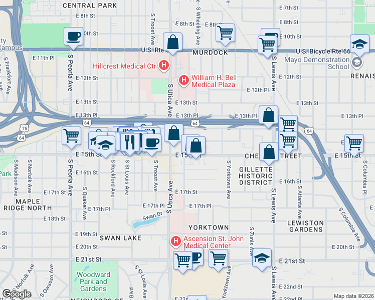 map of restaurants, bars, coffee shops, grocery stores, and more near 1809 East 15th Street in Tulsa