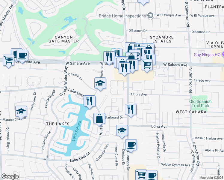map of restaurants, bars, coffee shops, grocery stores, and more near 2627 South Durango Drive in Las Vegas