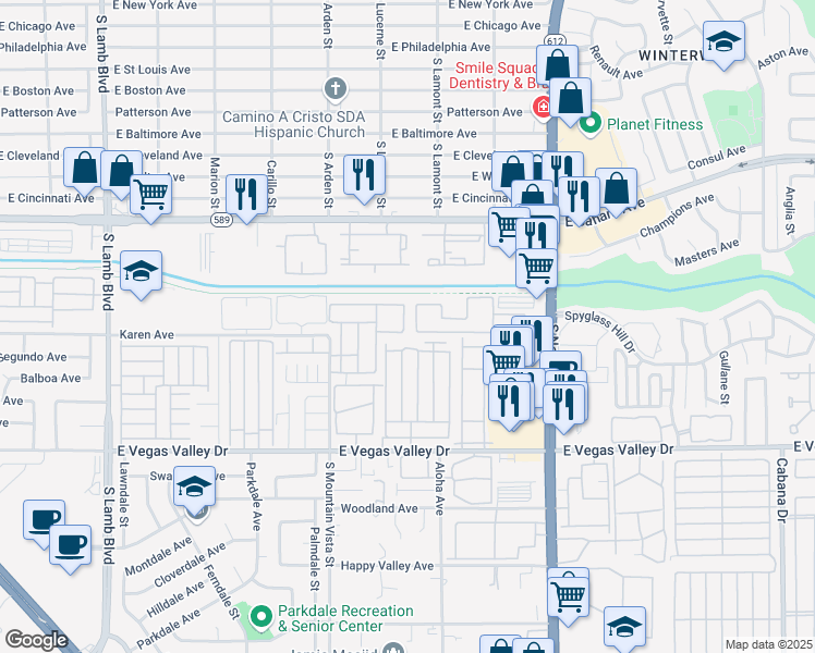 map of restaurants, bars, coffee shops, grocery stores, and more near 2684 Bryandouglas Drive in Las Vegas