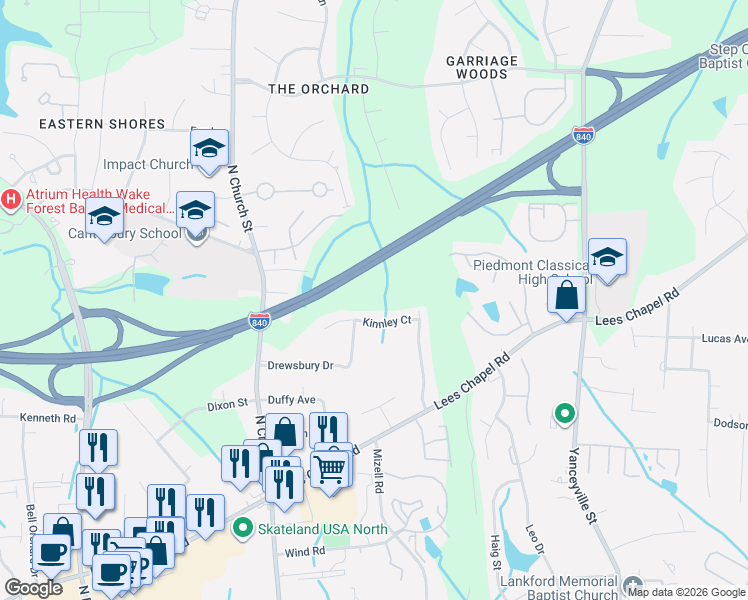 map of restaurants, bars, coffee shops, grocery stores, and more near 4400 North Church Street in Greensboro