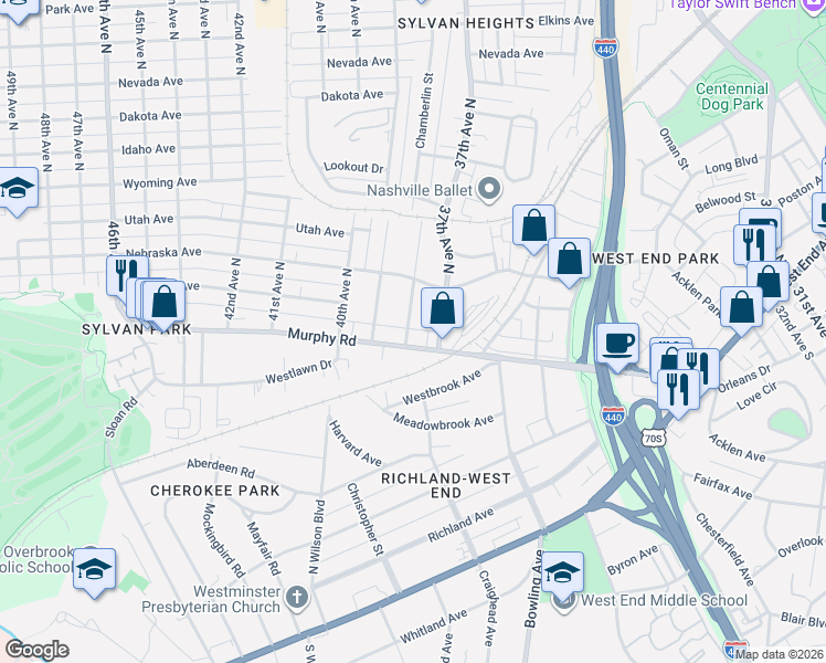 map of restaurants, bars, coffee shops, grocery stores, and more near 104 38th Avenue North in Nashville