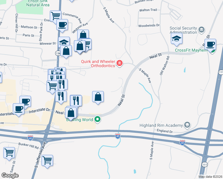 map of restaurants, bars, coffee shops, grocery stores, and more near 1381 Belfair Street in Cookeville