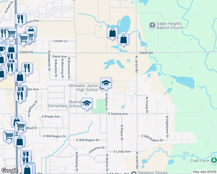 map of restaurants, bars, coffee shops, grocery stores, and more near 1917 N Skyline St in Stillwater