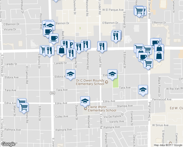 map of restaurants, bars, coffee shops, grocery stores, and more near 5610 Eldora Avenue in Las Vegas
