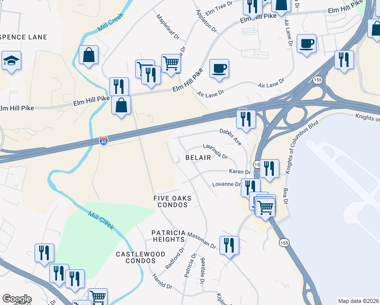 map of restaurants, bars, coffee shops, grocery stores, and more near 1901 Laurinda Drive in Nashville