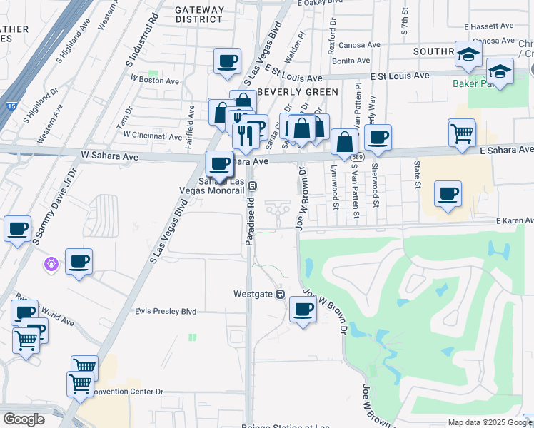 map of restaurants, bars, coffee shops, grocery stores, and more near 222 Karen Avenue in Las Vegas