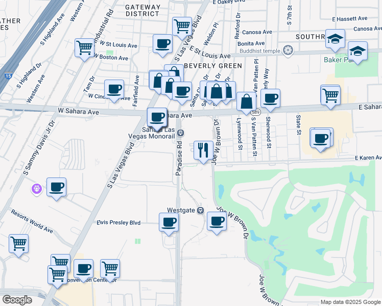 map of restaurants, bars, coffee shops, grocery stores, and more near 222 Karen Avenue in Las Vegas