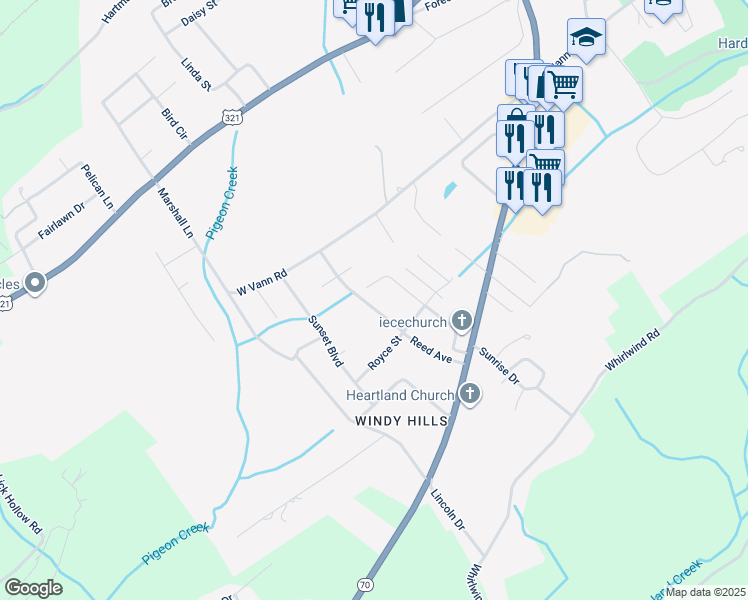 map of restaurants, bars, coffee shops, grocery stores, and more near 222 Reed Avenue in Greeneville