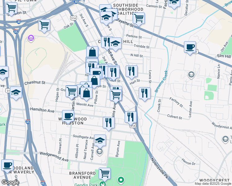 map of restaurants, bars, coffee shops, grocery stores, and more near 1414 3rd Avenue in Nashville
