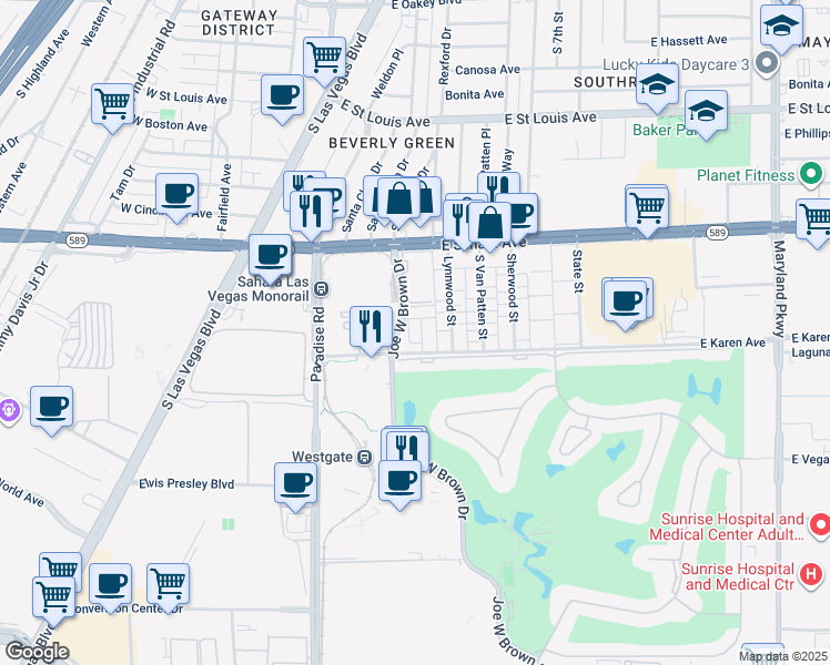 map of restaurants, bars, coffee shops, grocery stores, and more near 2635 Karen Court in Las Vegas
