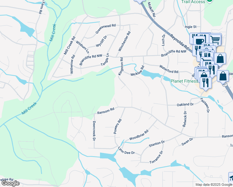 map of restaurants, bars, coffee shops, grocery stores, and more near 100 Malvern Court in Winston-Salem