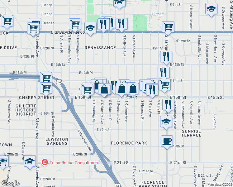map of restaurants, bars, coffee shops, grocery stores, and more near 1438 South Evanston Avenue in Tulsa